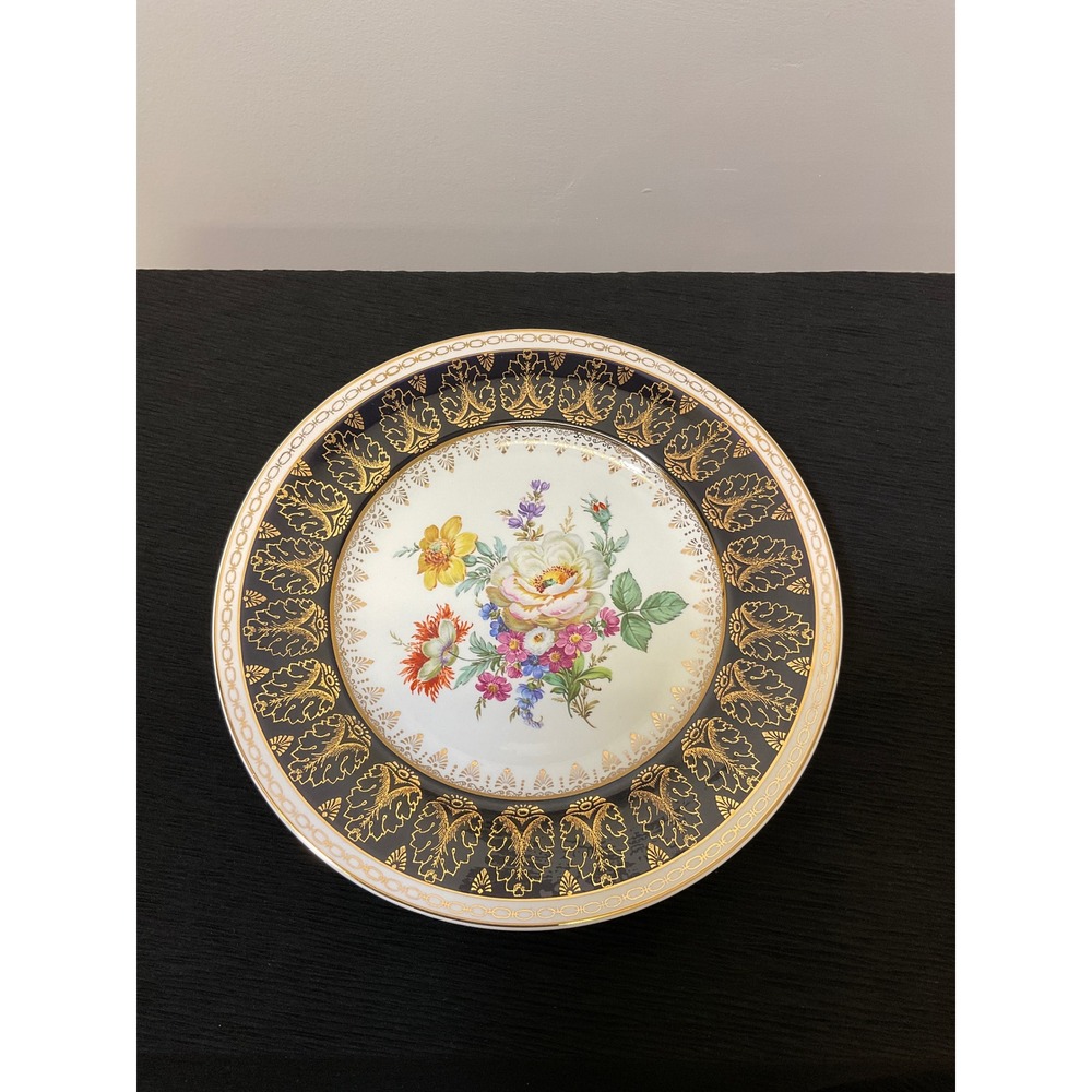 Birks England Vintage Cobalt Blue Gold Gilt Floral Bone China 10.5 Inch Plate